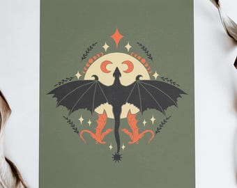 May include: A black silhouette of a dragon with outstretched wings against a full moon and stars. The dragon is surrounded by a circle of crescent moons and stars. Two smaller red dragons are flying below the larger dragon.