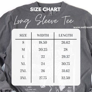 以下が含まれることがあります： 長袖Tシャツのサイズチャート。チャートは、サイズS、M、L、XL、2XL、3XLの幅と長さの寸法をインチで示しています。