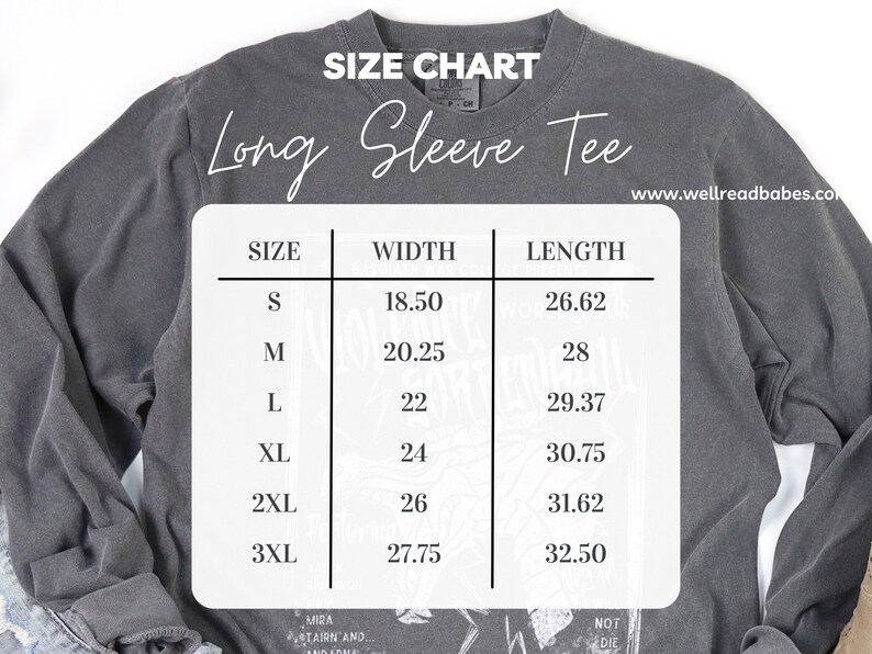 以下が含まれることがあります： 長袖Tシャツのサイズチャート。チャートは、サイズS、M、L、XL、2XL、3XLの幅と長さの寸法をインチで示しています。