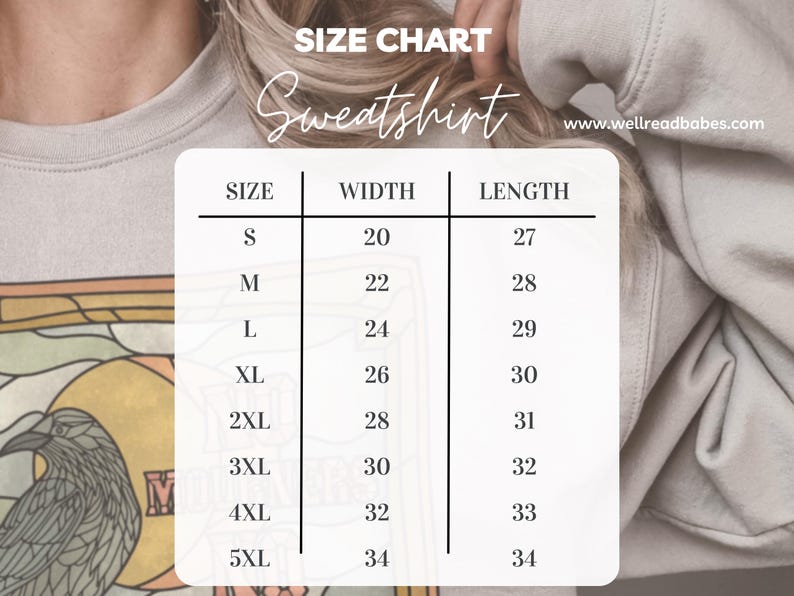 May include: Size chart for a sweatshirt with measurements in inches for width and length. Sizes range from S to 5XL.