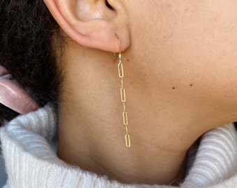 14K Gold Paperclip Dangle Earrings: Minimalist Link Earrings