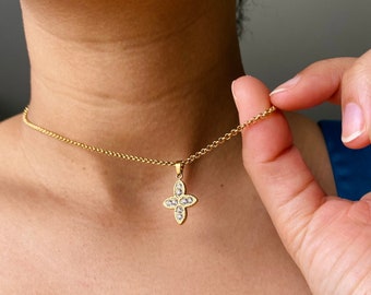 18K Gold Flower Cross Necklace: Waterproof Christian Jewelry