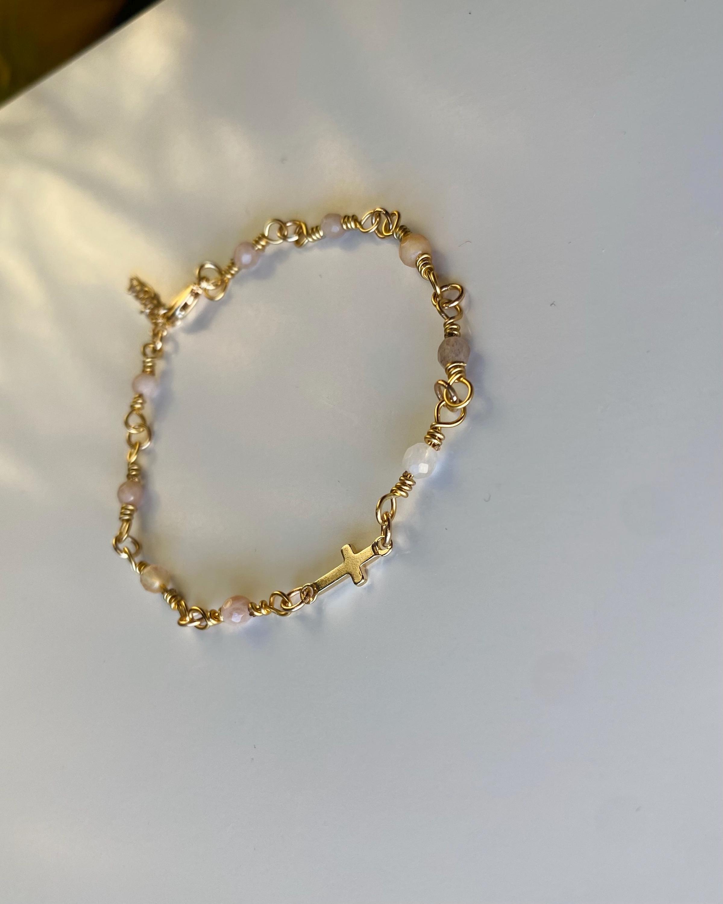 Sunstone Rosary Christian Bracelet, Handmade Christmas Gift, Gold Plated Bracelet, Crucifix Bracelet Gold, Cross Pendant Bracelet For Women
