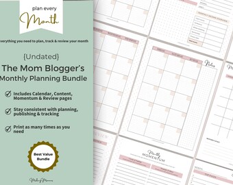 Mom Blogger Monthly Planner Bundle: Undated Printable Pages (PDF)