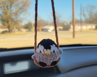 Crochet Swinging Penguin Car Charm | Rear View Mirror Accessory