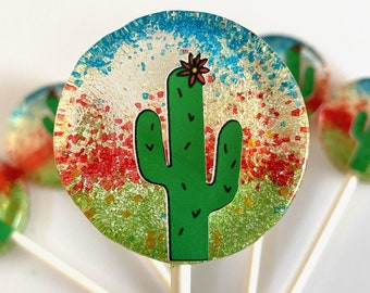Set/6 Arizona Desert Cactus and Sunset Sparkle Glitter Lollipops - All edible lollipop - Glitter Colorful Lollipop - Cacti Print