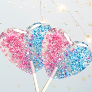 Sparkly Heart Gender Reveal Lollipops: Pink and Blue Glitter Party Favors - (Count 18)