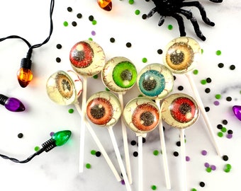 Set/16 Scary Eye Ball Lollipops - Hard Candy 3D shaped eye ball - Halloween Theme Candy - Halloween Party - Creepy Blood Shot Eyeball Candy