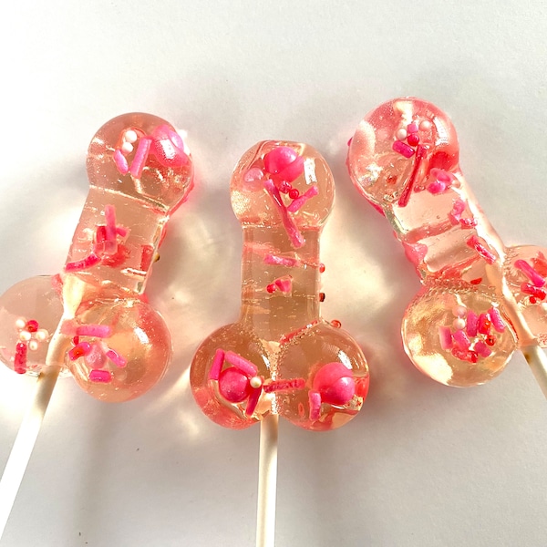 Set/16 Bachelorette Penis Lollipops - Hard Candy - Bachelorette Party Favor or Gift, Sprinkled Clear Penis Shaped Lollipops