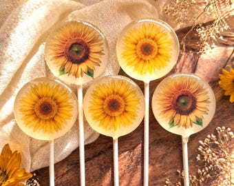 Sunflower Lollipops – Wedding Floral Hard Candy – Spring Party Favors (Set of 12)