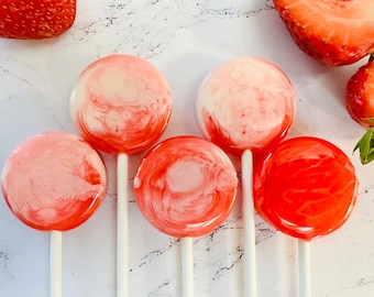 Set/16 Strawberry and Cream Lollipops - Hard Candy Lollipop - Birthday Party Favors - Baby Shower Favors - Beautiful Marble lollipop