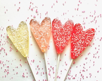 Set/16 Long Heart Shaped Lollipop - Glitter Sparkly Heart Candy - Crystal Sugar Sprinkles - I love you gift - Heart theme party