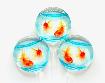 Set/6 Goldfish in a bowl lollipops - Hard Candy with edible image - Birthday Party Favors - Baby Shower Party Favors - Fish Theme Party