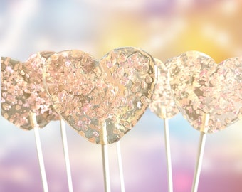 Set/18 Sparkle Heart Lollipop - Hard Candy, Heart shaped lollipop with pink sprinkle, Birthday party, Baby shower party favor, pink glitter