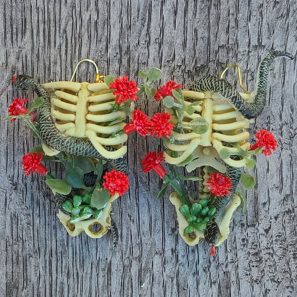 Skeleton Ribcage Earrings - Extra Large Spooky Goth Halloween Cottagecore Statement Earrings - Red Roses with Glow-in-the-dark Snake