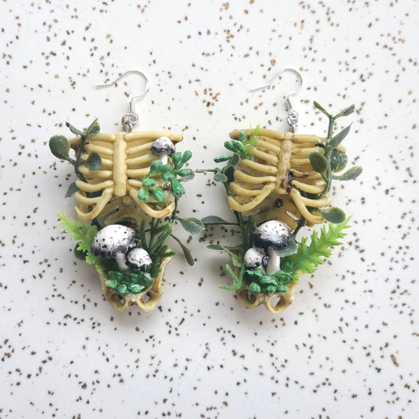 Skeleton Torso Extra Large Statement Cottagecore Earrings : Inky Cap Mushrooms