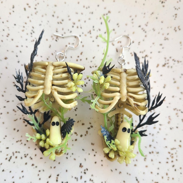 Skeleton Ribcage Earrings with Glow-in-the-dark Ghosts - Extra Large Spooky Fall Goth Halloween Cottagecore Statement Earrings