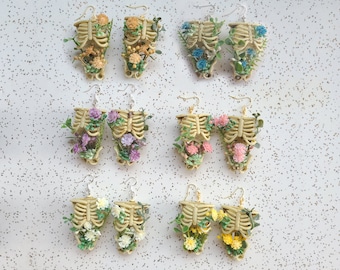 Cottagecore Skeleton Earrings | Floral Ribcage Earrings | Oddity Earrings | Flower Earrings | Statement Dangle Earrings | Bone Earrings