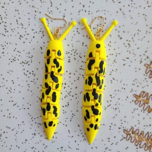 Articulated Banana Slug Earrings - Hand-painted, 3D Printed, Totally Unique Fidget Earrings