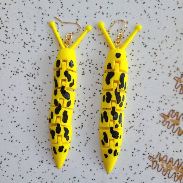 Articulated Banana Slug Earrings - Hand-painted, 3D Printed, Totally Unique Fidget Earrings