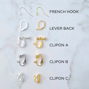 Earring hook options shown in silver and gold: french hook, lever back, and three clipon options.