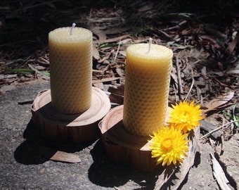2 Pillar beeswax candles with wooden bases