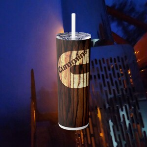 Rustic Wood Grain Skinny Tumbler with Straw | 20oz Travel Cup for Outdoors, Gift for Him, Personalized Drinkware