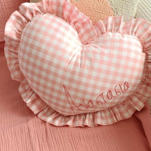 Romantic Frill Cotton Gingham Pillow Cover - Gingham Heart Pillow - Heart Pillow - Custome Embroidered With Frill Edges - Pink Gingham Pillo