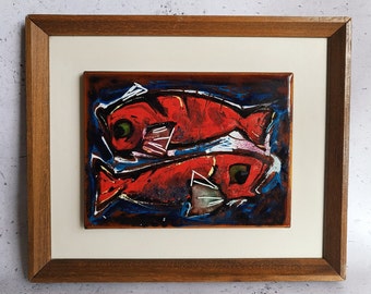 Beautiful Pair of Koi Fish | Dekor Zagreb | Yugoslavia | Enamel Metal Art | Framed Art | Mid Century Style | European | Orange Fish