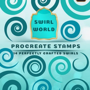 May include: A digital graphic featuring various teal and dark blue swirl shapes on a light blue background. The text reads SWIRL WORLD, PROCREATE STAMPS, and 14 PERFECTLY CRAFTED SWIRLS. A small Procreate app icon is visible in the top right corner.