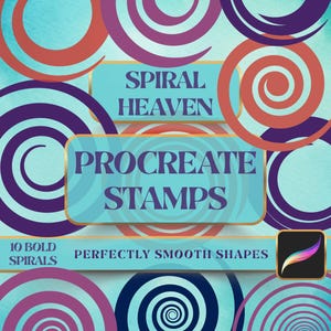 May include: A digital graphic featuring multiple overlapping spiral shapes in shades of purple, red, and teal. Text reads: SPIRAL HEAVEN, PROCREATE STAMPS, 10 BOLD SPIRALS, PERFECTLY SMOOTH SHAPES. A small square icon with a colourful brush stroke is included.