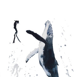 Painting of people swimming with whales, Whale Shark and Divers Print, Modern Animal Wall Art for Living Room, Marine life art, Home decor