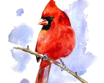 Kardinaal vogel schilderen, aquarel print, woondecoratie, winter decoratie, vogelliefhebber cadeau, vogel kunst kerstcadeaus, rode kardinaal, kunst aan de muur