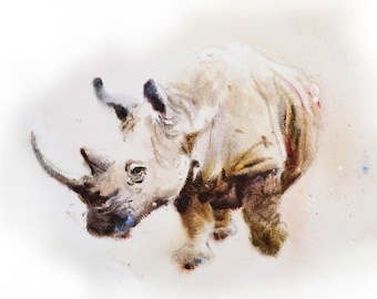Pittura ad acquerello Rinoceronte marrone stampata da BC Acquerello, decorazioni per la casa, arte murale, regali per bambini, asilo nido per animali, stampa ad acquerello