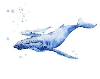 Humpback whale mother and baby, Watercolor Painting, Whale Print, Whale and Boat, Whale Art, Whale Nursery, sea life art, home decor