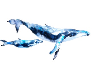 Humpback whale mother and baby, Watercolor Painting, Whale Print, Whale and Boat, Whale Art, Whale Nursery, sea life art, home decor