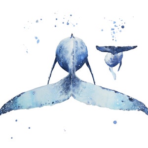 Mother whale and baby whale, Whale Painting, Watercolor Painting, Whale Print, Whale Nursery, Humpback Whale, Wall decor, Home decor