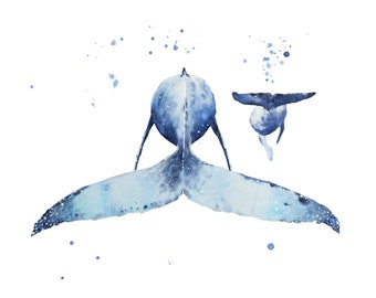 Mother whale and baby whale, Whale Painting, Watercolor Painting, Whale Print, Whale Nursery, Humpback Whale, Wall decor, Home decor
