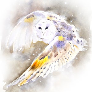 Watecolor Print, owl in the snow, wall decor, bird in wintertime, Snowy Owl, Bird Art, Wildlife christmas, seasonal decor, holiday decor