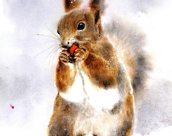 Brown Squirrel Watercolor Painting, Cute Winter Art, squirrel decoration, farmhouse christmas decor, Baby Room Decor, cute forest animal