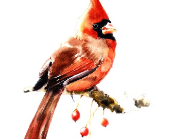 Kardinaal vogel schilderen, aquarel print, vakantie decoratie, winter decoratie, vogelliefhebber cadeau, kerstcadeaus, rode kardinaal, kunst aan de muur