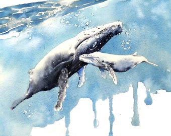 Humpback whale mother and baby, Watercolor Painting, Whale Print, Whale and Boat, Mother's Day, Whale Nursery, sea life art, home decor