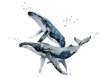 ザトウクジラ/喜びのカップルのクジラのプリント/水彩画/クジラ