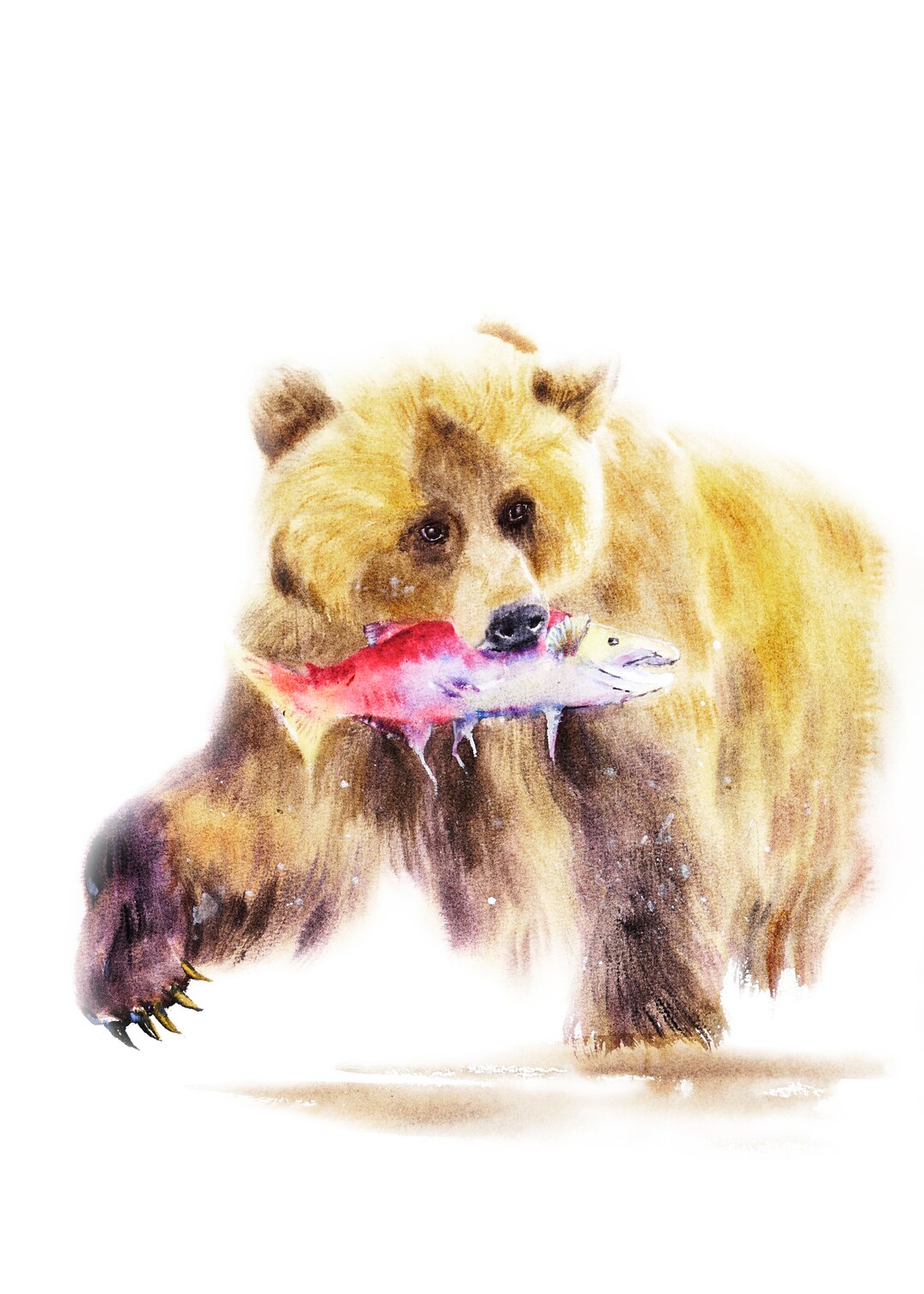 Painting of Brown Bear Catching Salmon, Winter Home Decoration ...