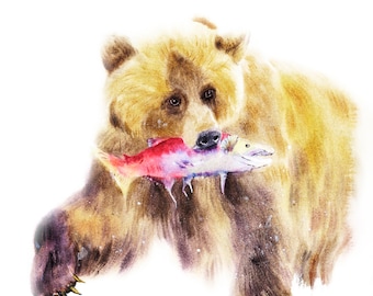 Painting of brown bear catching salmon, Winter home decoration, Christmas gifts, Watercolor Print, Home decor, Watercolor bear drawing