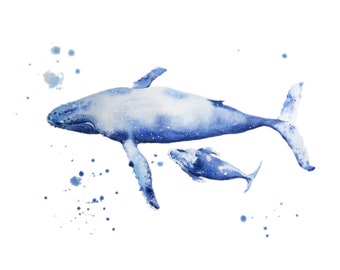 Whale Art, Humpback Whale and Baby, Watercolor Whale, Whale Nursery, Humpback Whale, Wall decor, Home decor, Whale Painting, Wall Art