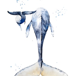 Madre y bebé de ballena jorobada, pintura de acuarela, impresión de ballenas, ballena y barco, arte de ballenas, vivero de ballenas, arte de la vida marina, decoración del hogar