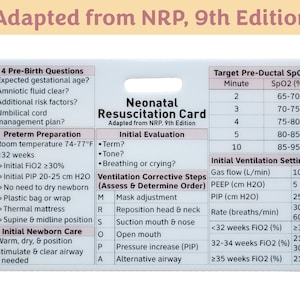 May include: A white neonatal resuscitation card with a rounded top and a hole for hanging. The card contains tables with medical information, including pre-birth questions, preterm preparation, and initial evaluation details. Text at the top reads "Adapted from NRP, 9th Edition."