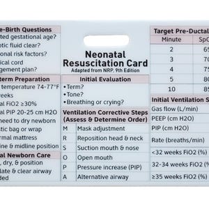 May include: A white neonatal resuscitation card with black text, listing pre-birth questions, preterm preparation, and initial newborn care steps. Includes ventilation settings and SpO2 targets. Measures room temperature in Fahrenheit.