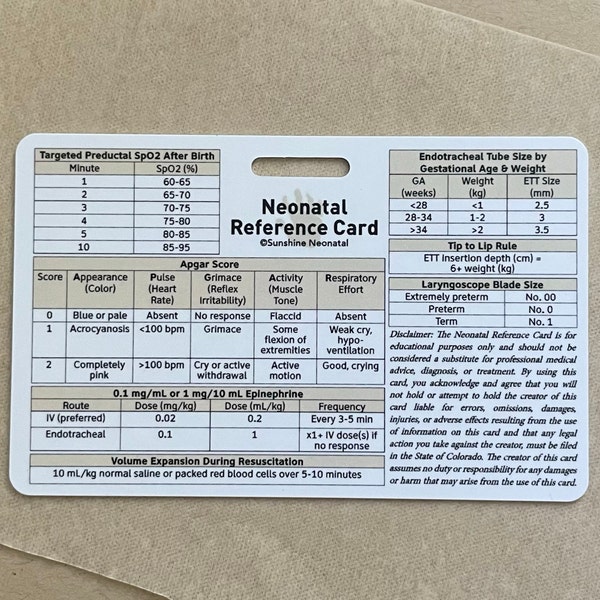 Neonatal Reference Card - NRP - Apgars - NICU nurse - NNP - quick badge resource